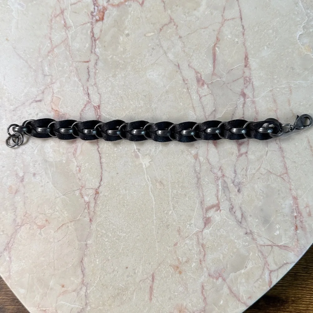 Fossil Leather & Silver Chain Unisex Bracelet